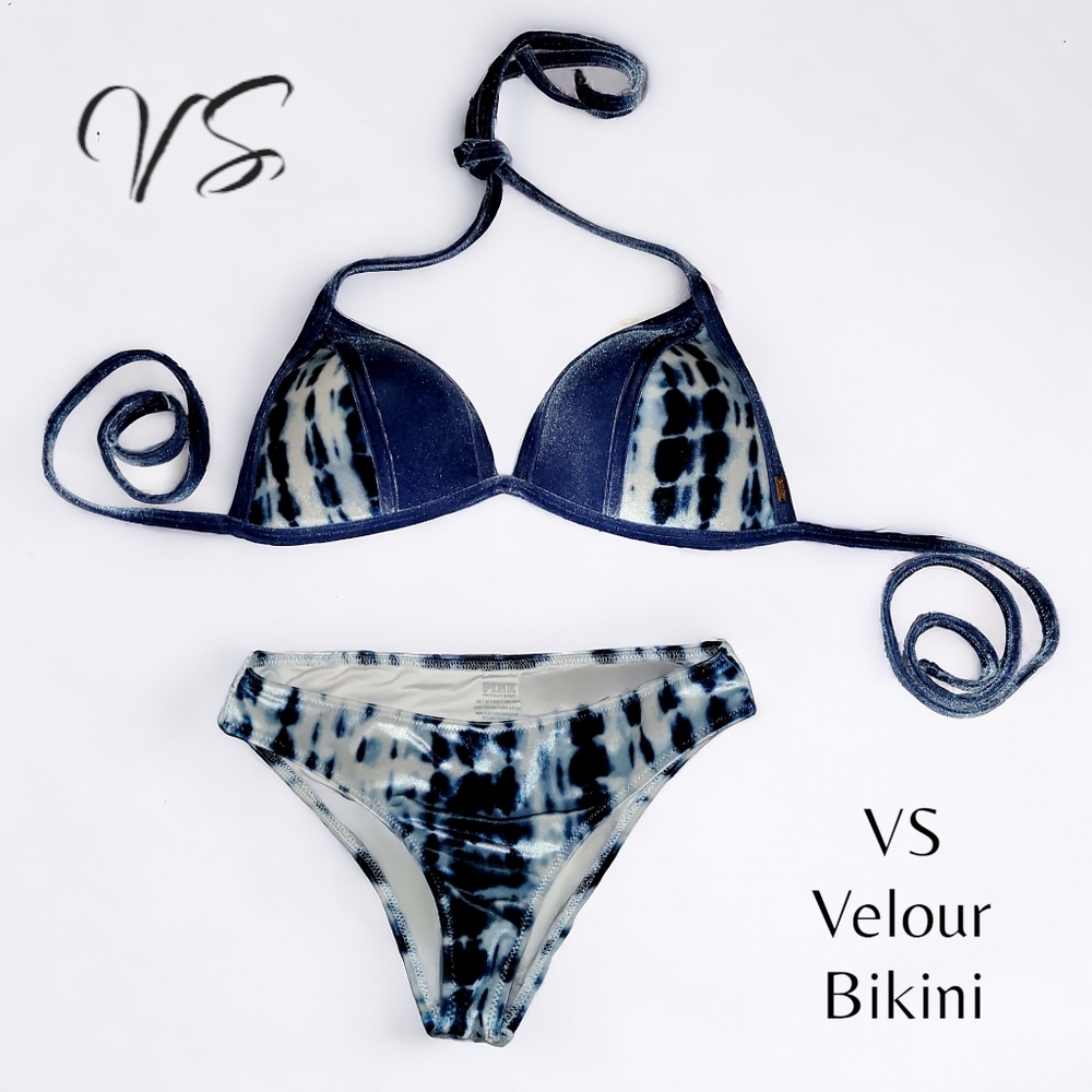 Bikini 2 piece set Victoria Secret PINK velour bikini blue and white nwot